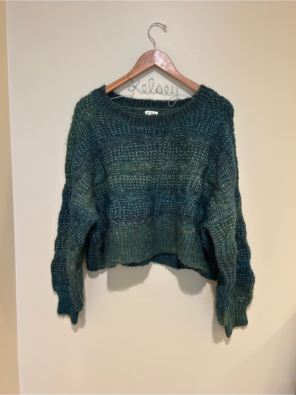 POL Oversized Cropped Green Crewneck Chunky Knit Sweater Size Small